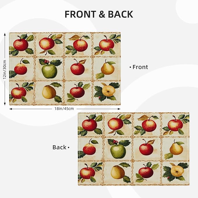 Apple Pear Placemats Set of 4, Retro Fruit Place Mats, Fruits Waterproof Washable Table Mats for Home Party Indoor Kitchen Dining Table Decoration 12x18 Inch