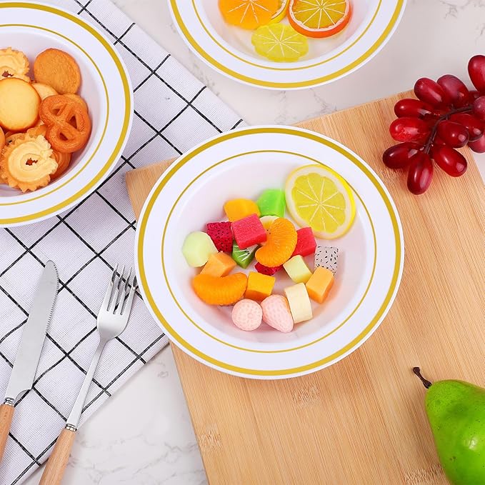 Jinei 150 Pieces 6 oz Plastic Bowls with Rim Small Disposable Soup Bowls for Dessert Salad Soup Candy Wedding Thanksgiving Catering Holidays Party Supplies (White,Gold Rim)