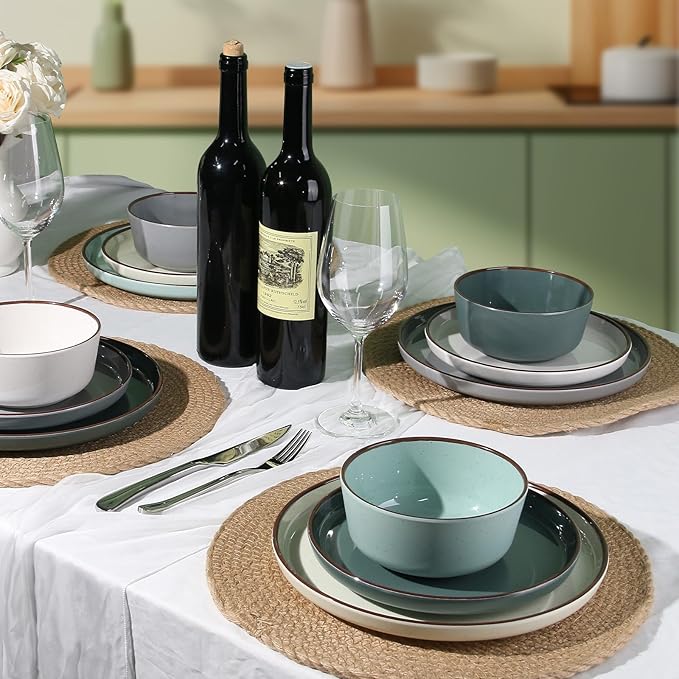 Melamine Dinnerware Sets 12 Piece Unbreakable Plates & Bowls Sets Lightweight Shatterproof Durable Dishware for Camping Picnic Party (Dusty Teal)