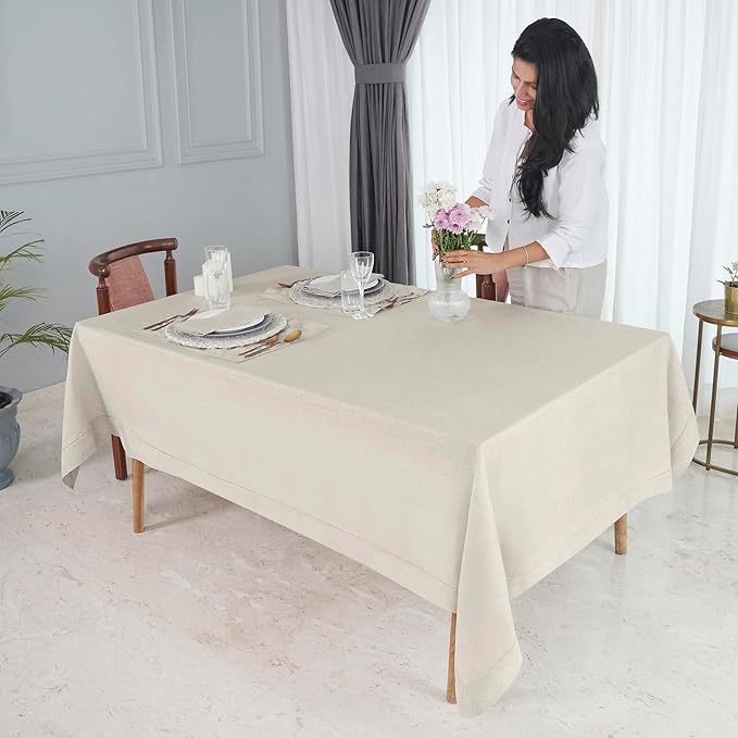 D'Moksha Homes Light Natural Linen Tablecloth 54 x 72 Inch - 100% Pure Linen Natural Table Cloth for Rectangle Tables - Classic Hemstitch, Machine Washable Tablecloth for Valentines, Spring, Easter