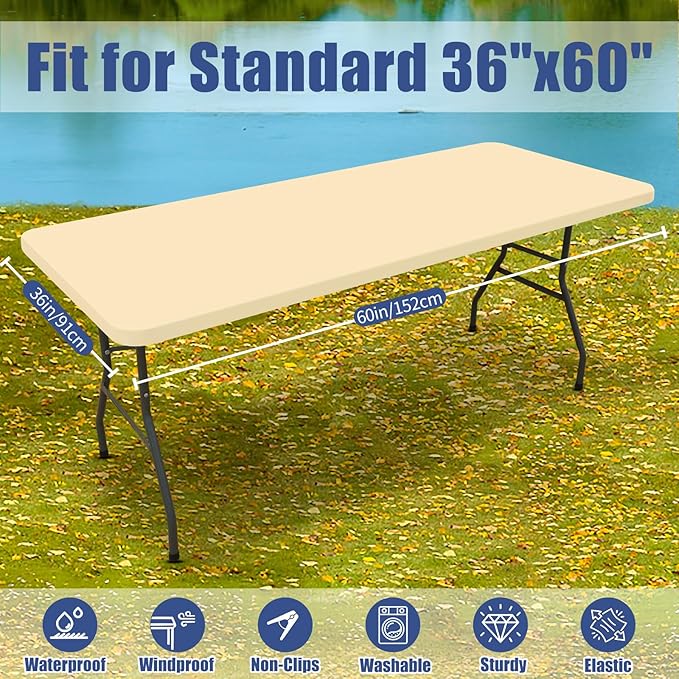 Spandex 5 Foot Rectangle Table Cloth 2 Pack, Elastic Fitted Tablecloths for Picnic, Stretch Washable Patio Table Cover for Outdoor, Camping, Banquet and Parties (Champagne, 36"x60")