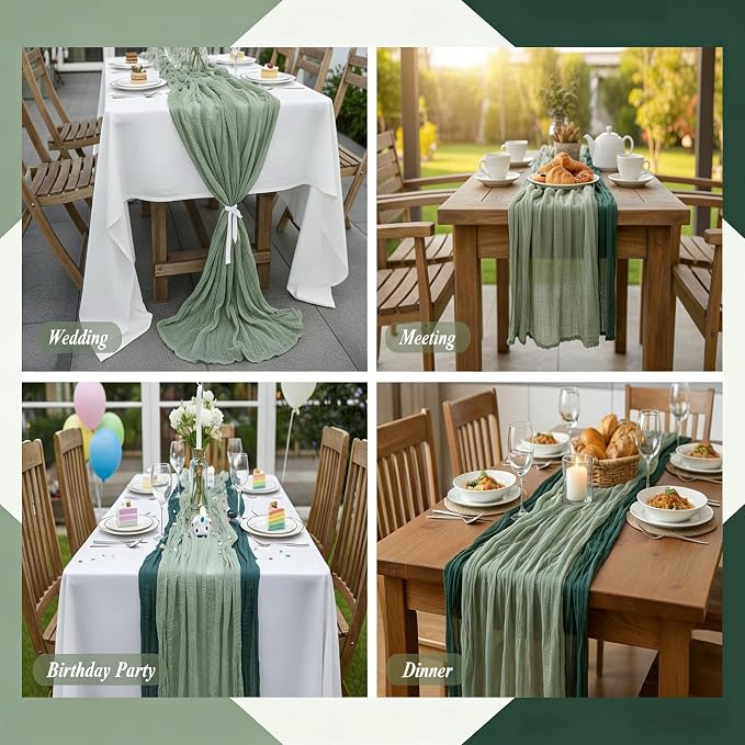 Cheesecloth Table Runner 2 Pack Sage Green and Dark Green, Boho Gauze Table - Image 6