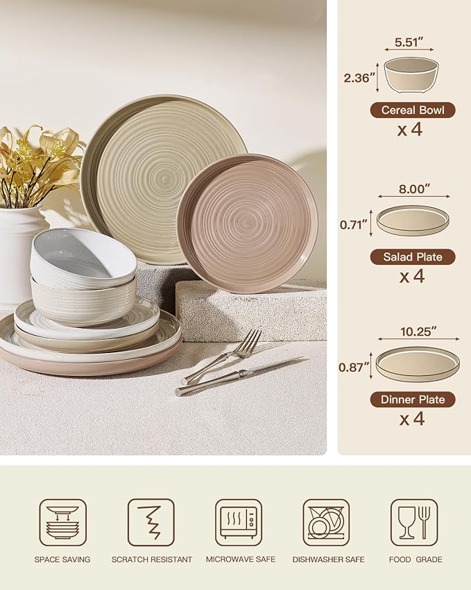 Stoneware Dinnerware Set for 4, Plates & Bowls, Chip & Scratch Resistant - Image 7