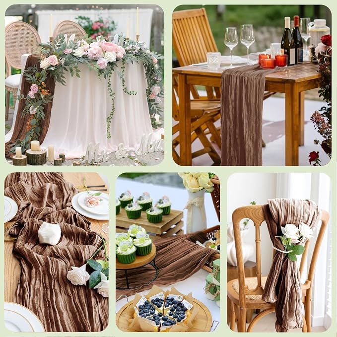 Cheesecloth Table Runner 10FT 4Pcs Brown Boho Gauze Rustic Sheer Runners | - Image 7