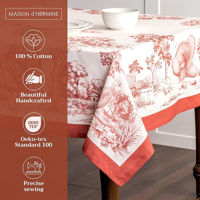 Maison d' Hermine Table Cloth Rectangle Table 100% Cotton 60 x 120 Inches Fall Tablecloth Reusable Everyday Use for Thanksgiving Christmas Decorations Dining Farmhouse Party (Holy Jouy - Red)