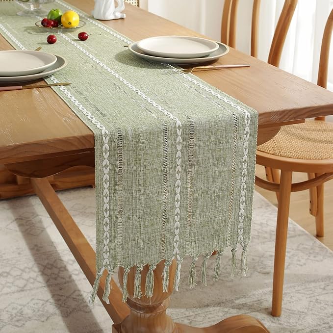 Wracra Rustic Linen Table Runner, Sage Green Table Runners 60 inches Long | - Image 6