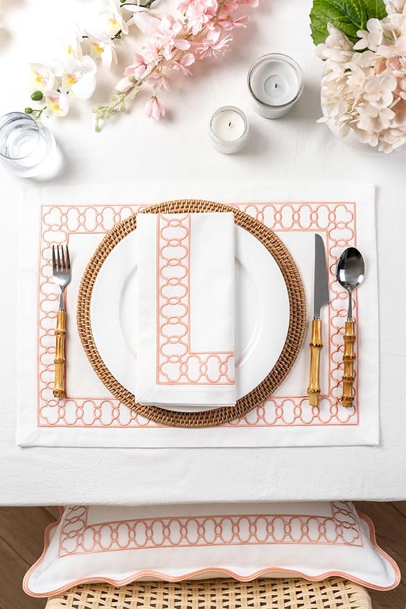 Hofdeco Premium Coastal Patio Indoor Outdoor Placemat Set of 4, 14"x19" Double-Layered, Waterproof Cloth Placemat for Kitchen or Dining Table. Blush Pink Embroidered Frame