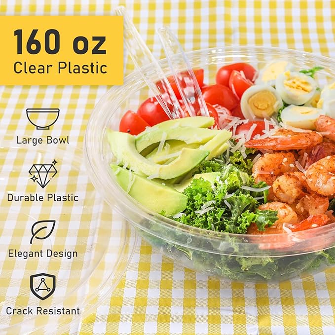 EcoDispose Clear Plastic Serving Salad Bowl Sets, 160 Oz 16PCS in 4 SETS - Round Large Disposable Bowls