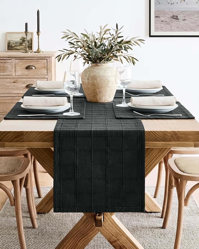 Linen Checked Farmhouse Table Runner, 13x60 Inches Black | Raised Grid Design - Image 2