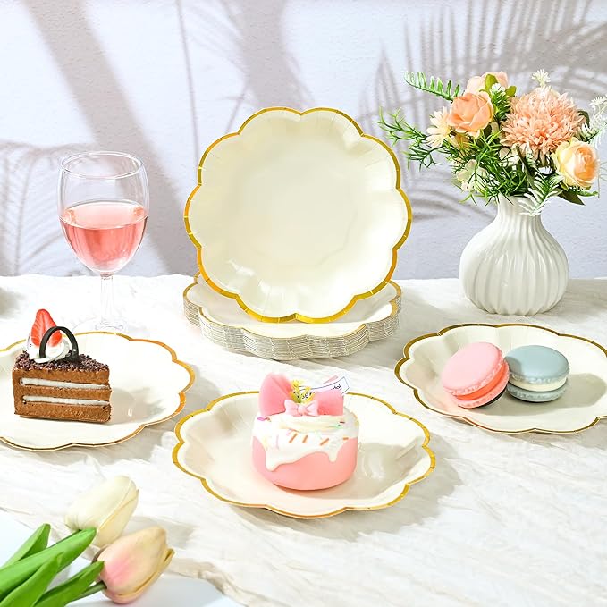 Beige Party Plates Cream Dessert Paper Plates 7inch Gold Foil Scalloped Edge Disposable Cake Plates for Tea Party Birthday Bridal Baby Shower Wedding Party Supplies (48, Beige)