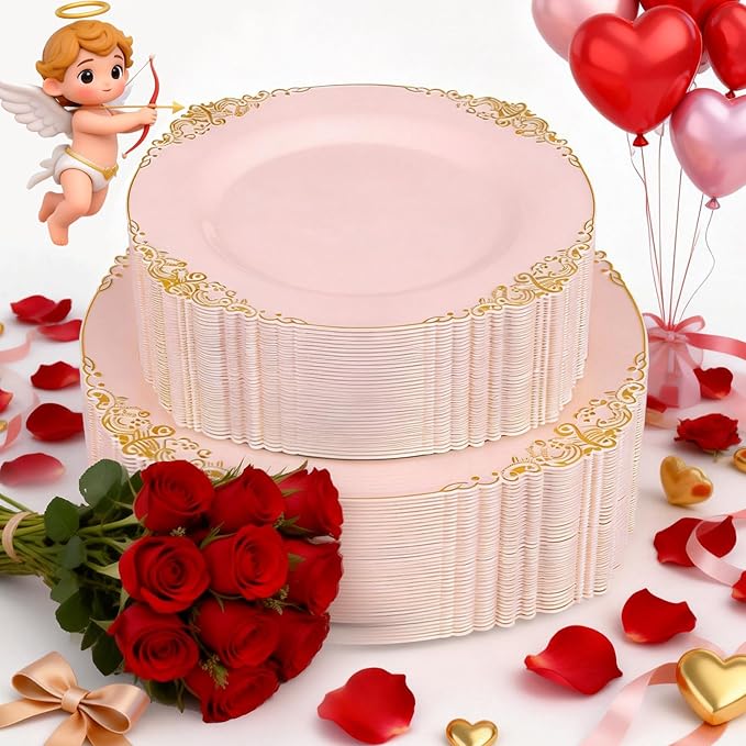 102PCS Pink Plastic Plates - Pink and Gold Plate - Heavyweight Disposable Plate with Gold Rim - Fancy Dinner & Dessert Plates for 51 Guests Weddings & Parties