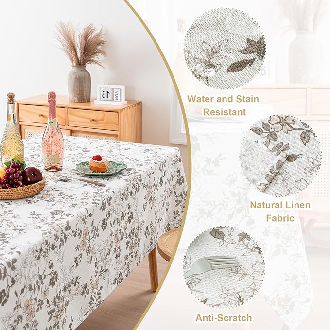 H.VERSAILTEX Linen Table Cloths Floral Printed Tablecloth Spill-Proof Waterproof Table Cover for Dining Buffet Feature Soft and Thick Fabric Wrinkle Free, 60 x 84 Inch, Retro Floral - Brown
