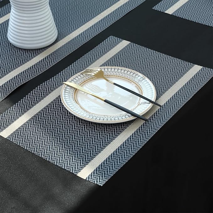 FAVE Placemats Set of 12 Blue Placemats Woven with Golden Thread Durable and Wipeable Vinyl Place Mats Heat Resistant Table Mats Set of 12 for Kitchen Table (Blue, 12"x18"-12PCS)