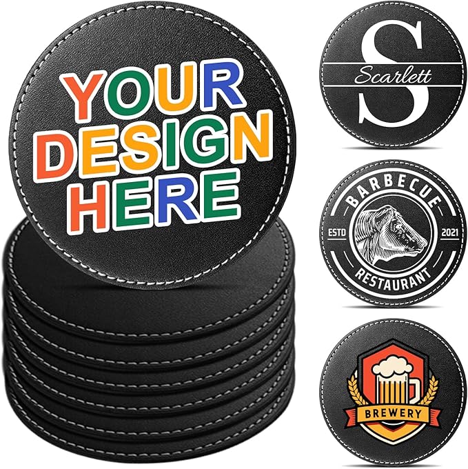 Custom Personalized Leather Coasters - Set of 6 | DIY Name, Photo, or Logo Coasters for Coffee Table, Bar, Beer, Wine | Ideal Housewarming Gift, Black