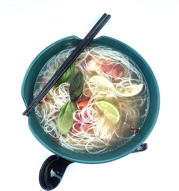 4 XL Ramen bowl set, 12 Pieces Pho Bowls Set, Asian Japanese soup with Spoons and Chopsticks. Restaurant Quality Melamine, 52 oz for Noodles, Udon, Thai, Chinese dinnerware (Green Black, 9 inch x4)