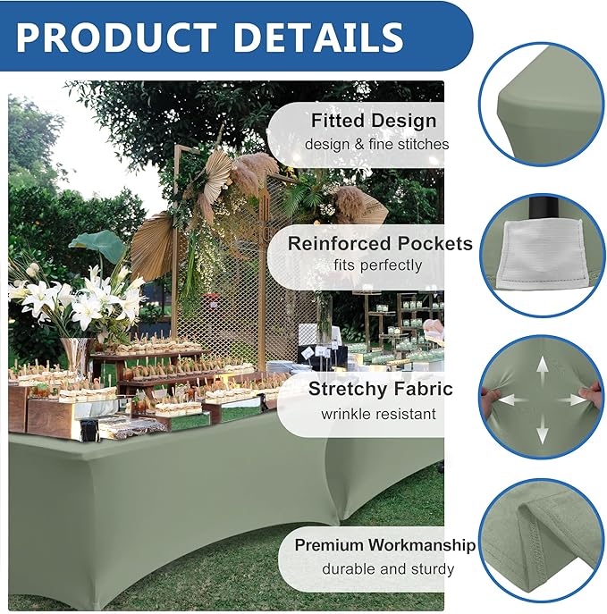 Stretch Table Cover for 6 Foot Rectangle Tables-8 Pack Sage Spandex Fitted Tablecloth-Elastic 6ft Folding Tablecloths for Party, Vendor Booth Display, Banquet Buffet Event, Craft Trade Show