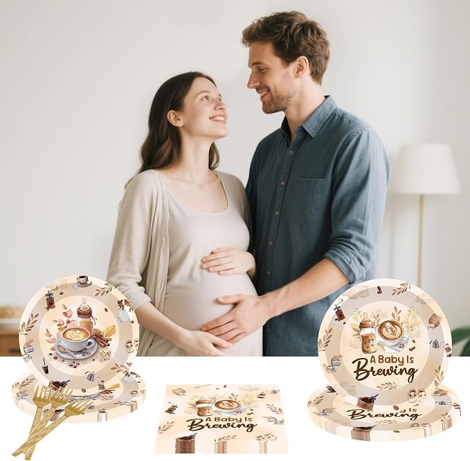 96 Pcs A Baby Is Brewing Baby Shower Decorations, Gender Reveal Tableware Set - Image 6