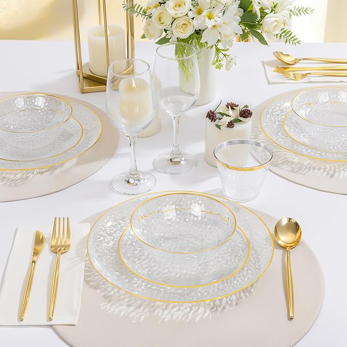 Rubtlamp 30 Pack Clear Disposable Bowls, Clear Plastic Bowls with Gold Rim, 12-16oz Premium Heavy Duty Plastic soup Bowls for Party, Wedding and Holiday