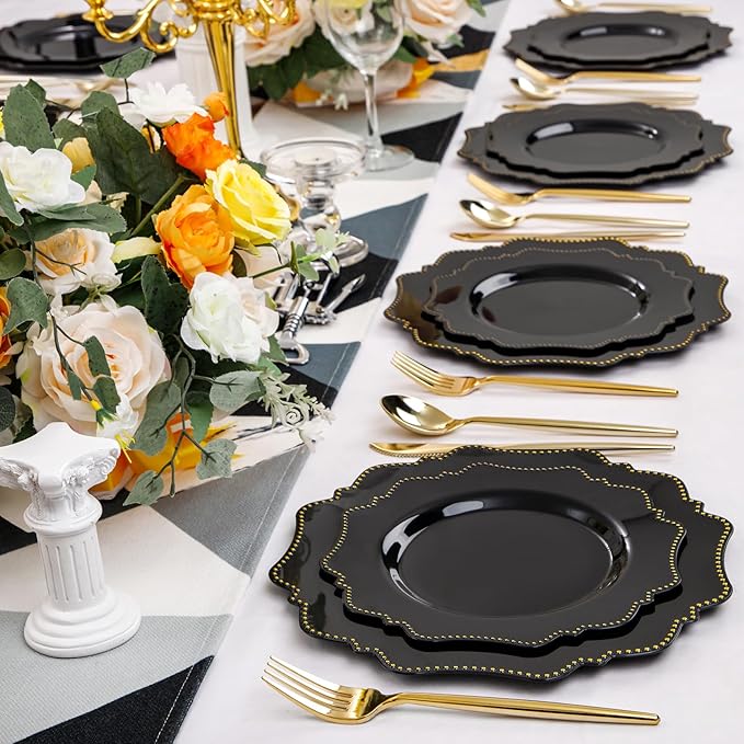 COLOSUS Black Plastic Plates Set,Heavy Duty Black Disposable Plates for 50 guests,Include 50PCS 10.5inch Dinner Plate and 50PCS 8.25 inch Dessert Plate for Halloween Party/Wedding/New Year/Birthday