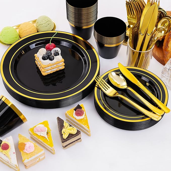 WELLIFE 150 PCS Black and Gold Disposable Dinnerware Set, Plastic Plates for Party, Including 25 Dinner Salad Plates, Cups, Forks Knives Spoons for New Year Party Supplies