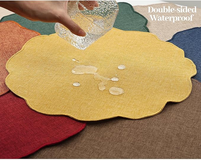 AHHFSMEI Round Faux Linen Placemats Set of 6 Waterproof Table Mats Heat Resistant Non-Slip and Stain Proof for Kitchen Dining Elegant Decor(Yellow,6)