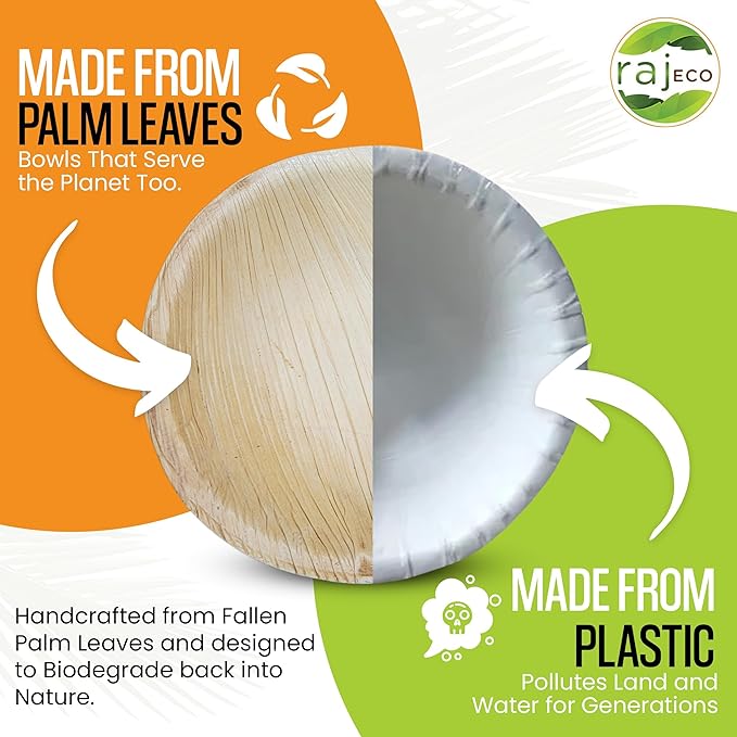 Raj Disposable Palm Leaf Bowls (100 Count, 4" Bowls) Strong Bowl Like Bamboo Party Bowl - Decorative Compostable Tableware for Lunch, Dinner, Birthday, Camping, Outdoor, Picnic, Parties
