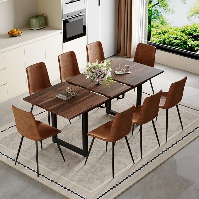 Extendable Dining Table Set for 8, 55"–71" Modern Wood Kitchen Table with 8 Upholstered Chairs, Space-Saving for Living Room Apartment, Sturdy & Comfortable, Easy Assembly