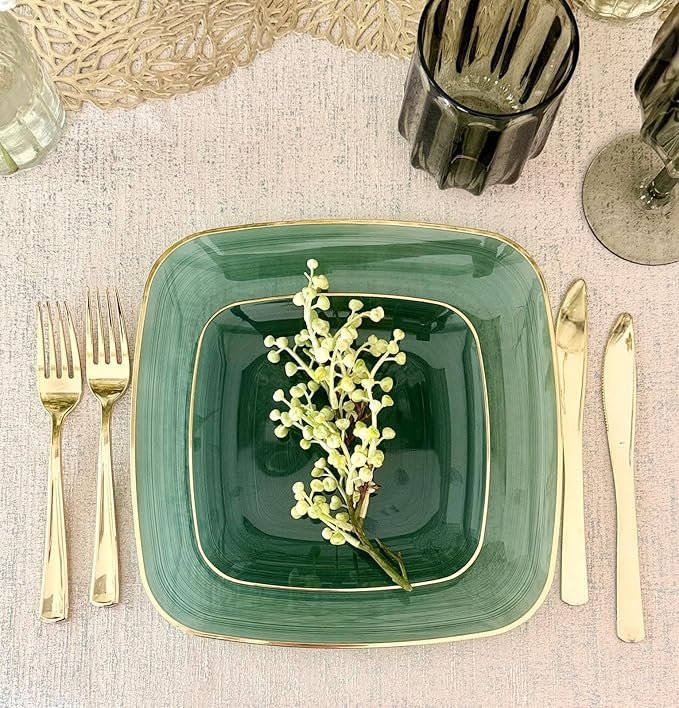 " OCCASIONS " 100 Plates Pack,(50 Guests) Premium Wedding Party Disposable Plastic Plates Set -50 x 10'' Dinner + 50 x 7'' Salad/Dessert (Belize Square in Green & Gold)