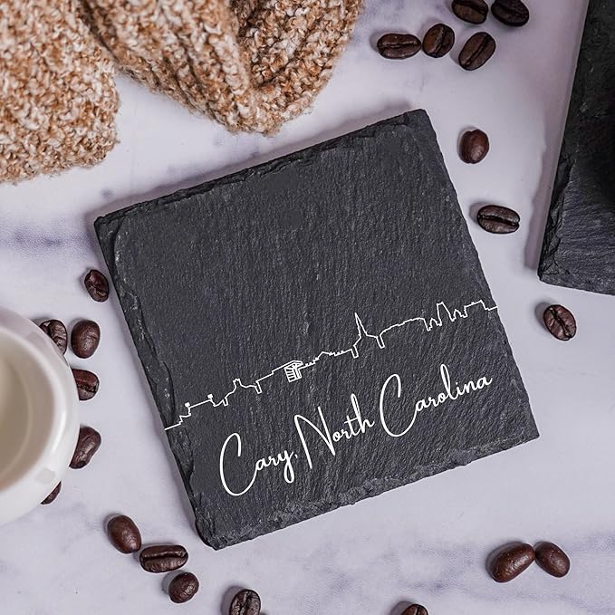 Blue Ridge Mountain Gifts - Cary NC Skyline Coasters, Set of 4 - Cary North Carolina Souvenir, Slate Coasters with Minimalist Skyline, Housewarming Gift for Friends, Family, & Neighbors
