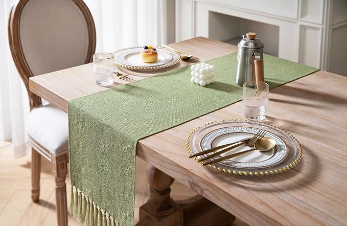 Green Table Runners 90 Inches Long, Burlap Linen Style Rustic Farmhouse Table - Image 4