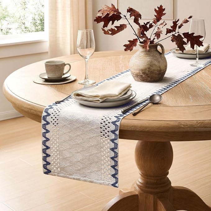 Macrame Side Trim Boho Woven Table Runner, Dusty Blue 12x36 Inch | Crochet - Image 5