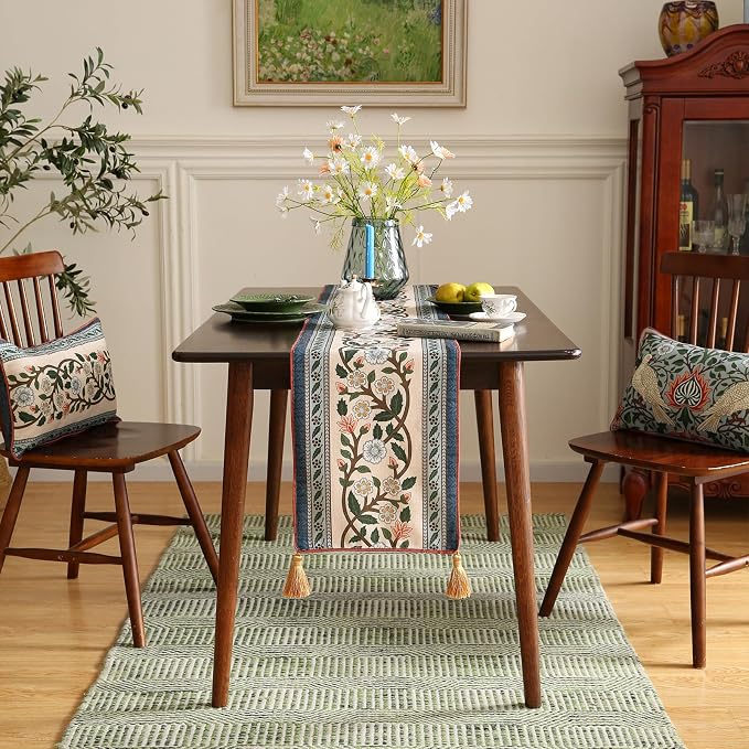 Designer Vintage Linen Extra Long Table Runner, Floral Pattern, Dining Table - Image 3