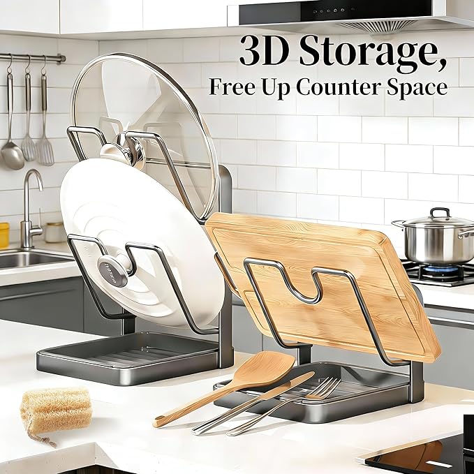 Kitchen Pot Lid Storage Rack, Stainless Steel Lid Holder with Removable Drip Tray, Double-Layer Countertop Organizer
