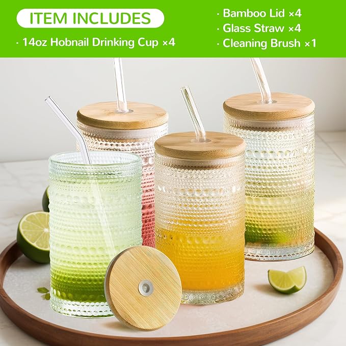 Hobnail Drinking Glasses with Bamboo Lids and Glass Straw 4Pcs Set - 14oz - Image 3