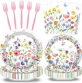 100 Pcs Spring Floral Party Supplies Set, Serves 25 – Disposable Flower Paper by Merriva