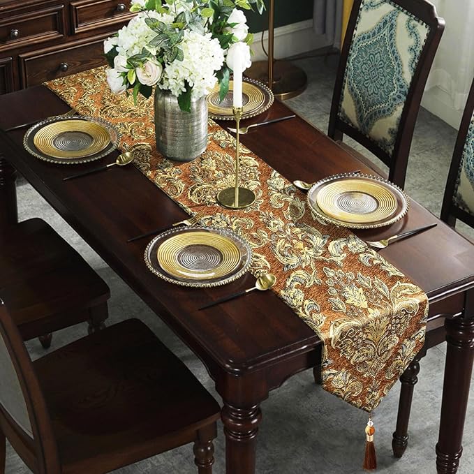 Deluxe Embroidered Table Runner 84" Caramel Retro Chenille Jacquard Cloths | - Image 3
