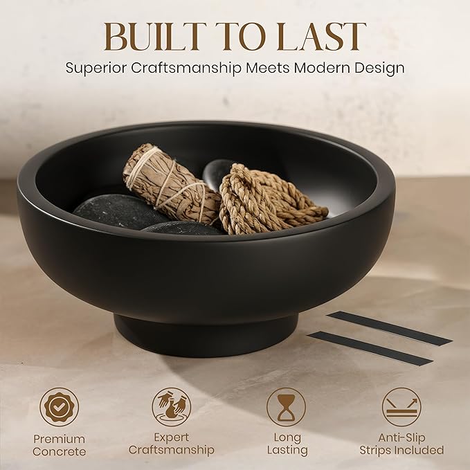 Handmade Concrete Bowl - 10x5x4.25 Inch Decorative Centerpiece Bowl for Fruits, Coffee Table, Kitchen Counter, Entryway or Shelf - Modern Minimalistic Decor (Black)