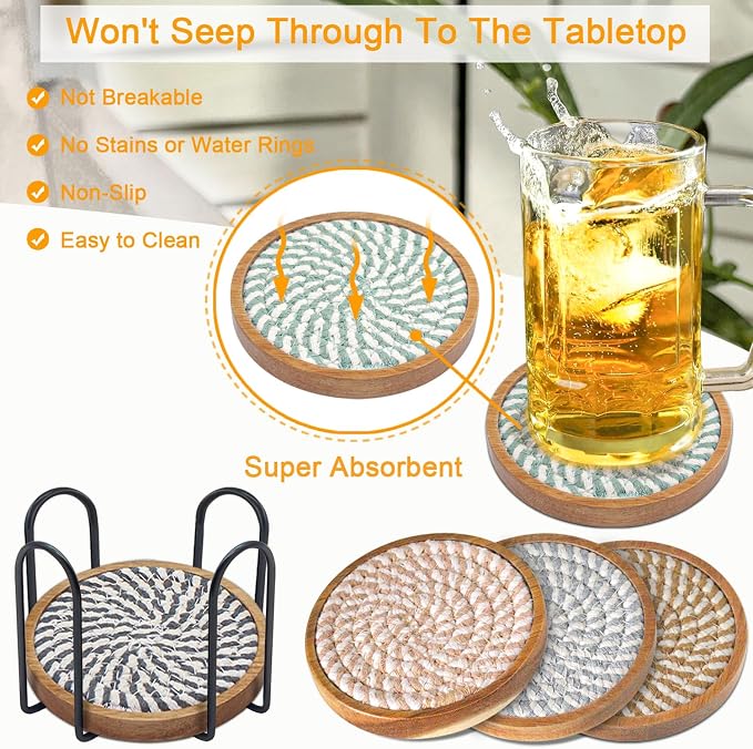 Wood Coasters for Drinks, Eykao Absorbent Coaster Sets of 5, Woven Drink - Image 2