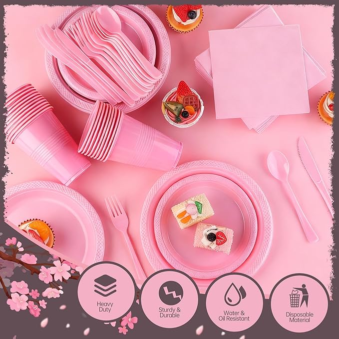 Kochorie 240 Pieces Pink Plastic Dinnerware Set Disposable Heavy Duty Plates Napkins Cups and Silverware Dessert Dinner Plates for Birthday Wedding Baby Shower Party Supplies, Serves 30 Guests
