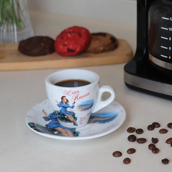 Lorren Home Porcelain Espresso Cups and Saucers, Vespa Scene Design, 3 Oz - Image 2