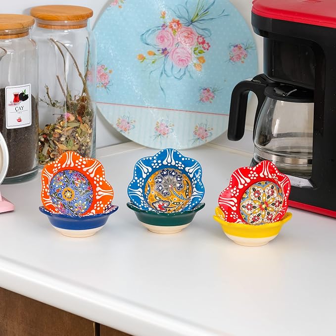 BCS Ceramic Pinch Bowls Set of 6, Small Multicolor Handmade Decorative Serving Dishes - Cooking Prep & Charcuterie Board Bowls, Soy Sauce Dish (3.2'' - 3 oz)