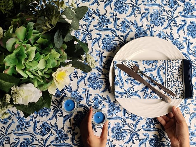 ATOSII Midnight Bloom 100% Cotton Fall Tablecloth, Handblock Print Blue Rectangle Table Cloth for Kitchen Dining Table Linen I Parties Wedding Outdoor Decor 60 X 90 Inches