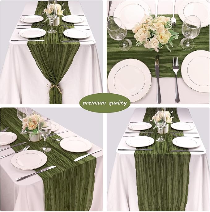 12 Pack 10Ft Cheesecloth Table Runner 35x120 Inch Boho Gauze Table Runner Rustic Cheese Cloth Long Romantic Table Runners for Wedding Bridal Shower Birthday Party Table Decor (Grass Green)