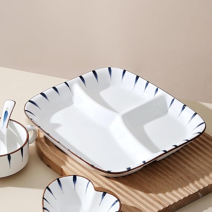 Ceramic Divided Porcelain Dinner Plate - 10 Inch, Breakfast, Lunch, Bowl, Portion Control, Salad - Kitchen Tableware
