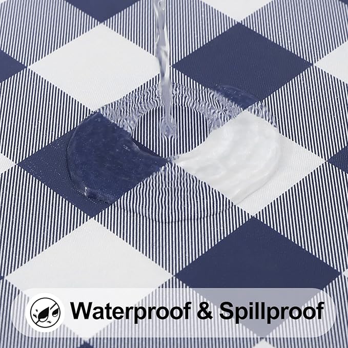 Smiry Square Picnic Table Cloth, Elastic Waterproof Fitted Vinyl Tablecloths, Flannel Backed Buffalo Plaid Table Covers for Dining, Camping, Outdoor (White and Navy, 24" x 24")