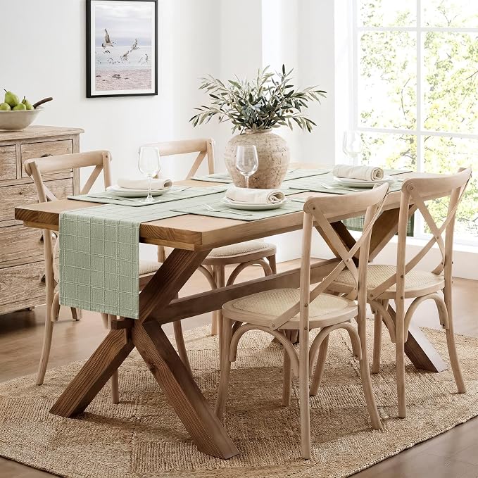 Linen Checked Farmhouse Table Runner, 13x90 Inches Seeding Green | Raised Grid - Image 3