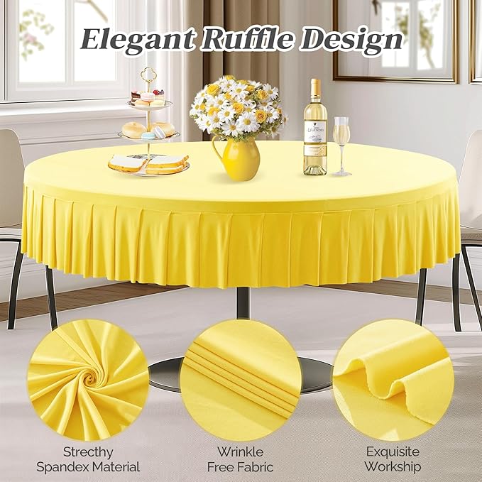 2 Pack Yellow Spandex Round Tablecloths for 72in Table, Stretchy Fitted 6FT Round Table Cloths, Wrinkle Free Table Cover with Skirt for Wedding Birthday Party Bridal Shower Banquet