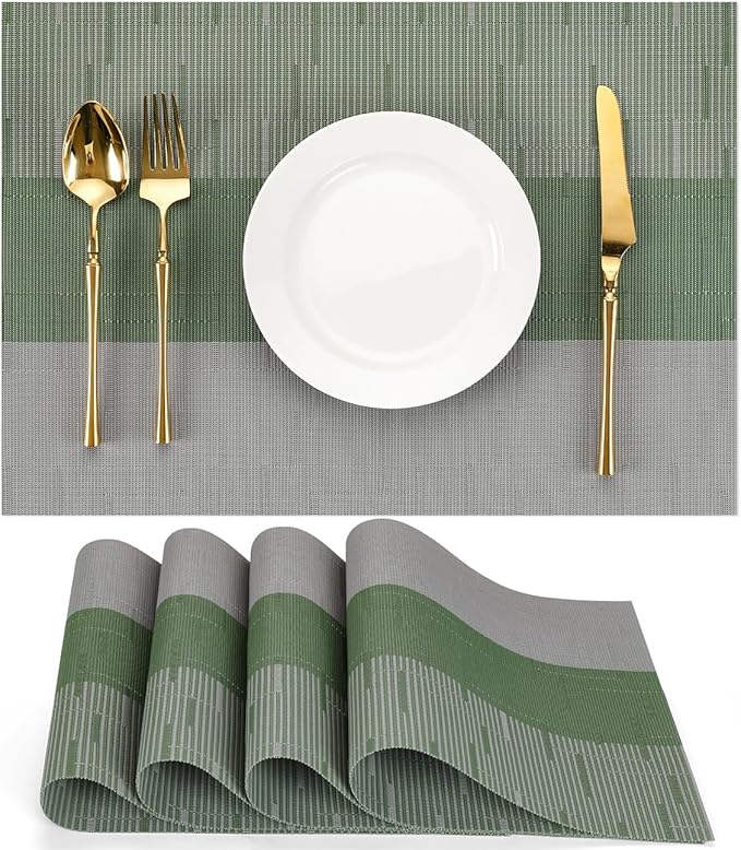 Placemats Set of 4, Vinyl Woven Place Mats Indoor Set of 4 Washable Wipeable PVC Table Mats Heat-Resistant Non Slip Placemat for Kitchen Dining Outdoor Table (Gray Sage Green, Set of 4)