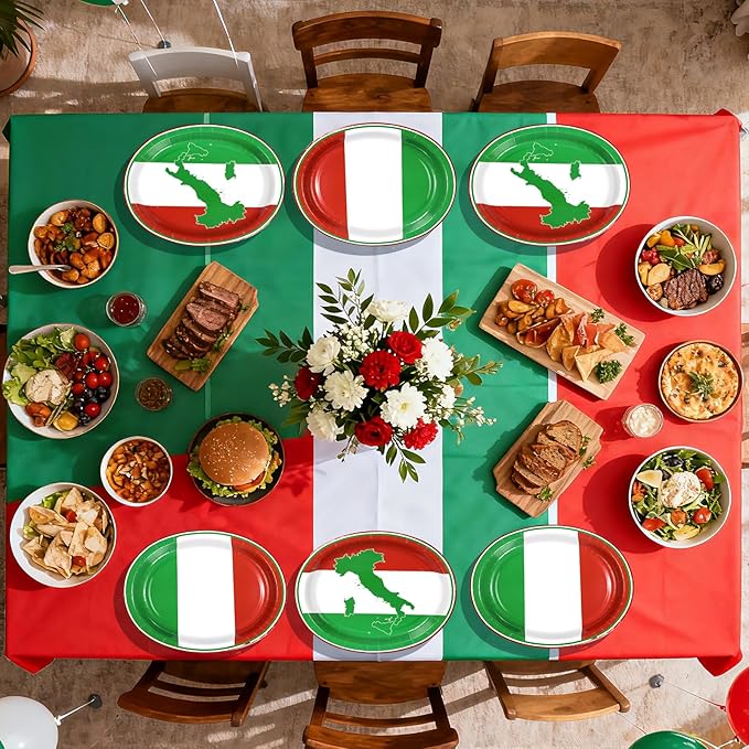 50Pcs Italian Flag Oval Paper Plates 10" x 12" Large Heavy Duty Italian Flag Disposable Dinner Plates Red White and Green Dessert Platters for Pizza Baby Shower Family Gathering Party Decorations