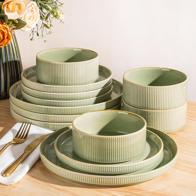 Ceramic Dinnerware Set for 4, 12-Piece Plates and Bowls Set | Lightweight by TheTerra